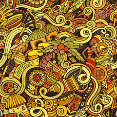 Cartoon cute doodles hand drawn Africa seamless pattern