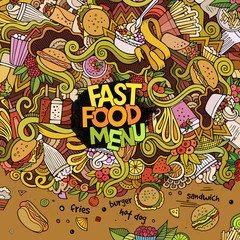 Cartoon vector hand-drawn Doodles on the subject of fast food an