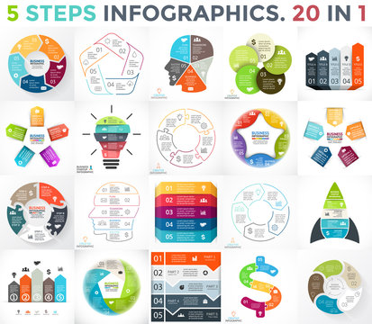 Vector circle infographics set. Business diagrams, arrows graphs, startup logo presentations and idea charts. Data options with parts, 5 steps or processes.