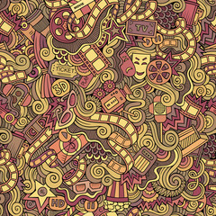 Naklejka premium Cartoon doodles cinema seamless pattern