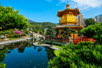 Fototapeta premium Front View The Golden Pavilion Temple in Nan Lian Garden