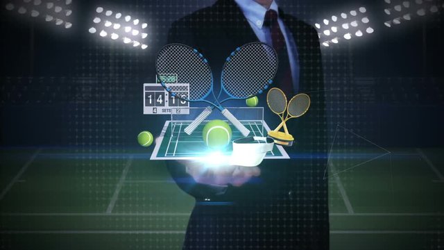 Businessman open palm, Floating tennis icon, racket, ball, tennis court.