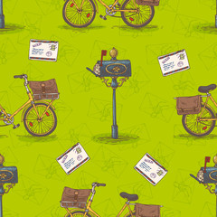 Seamless Pattern with Bicycles, Envelopes, Mailboxes and Letters
