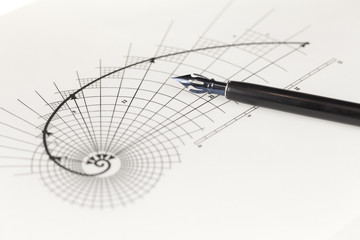 vintage fountain pen & drawing of the golden section