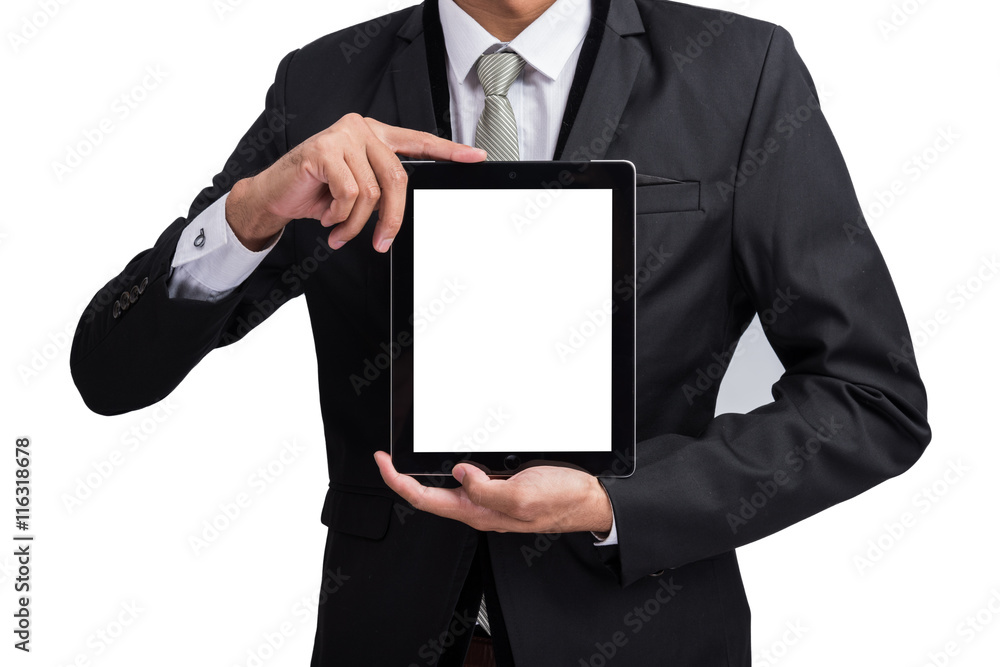 Poster yong businessman holding digital tablet computer showing screen