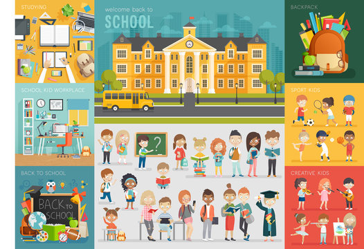 School theme set. Back to school, workplace, school kids and other elements.