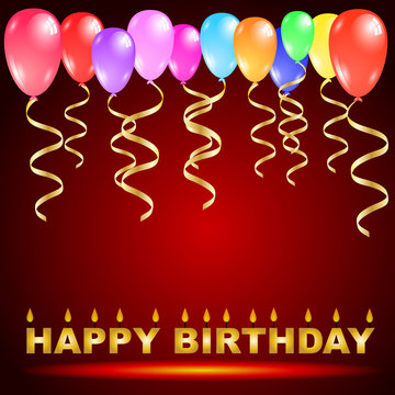 Happy birthday candles with colorful balloons and golden ribbons isolated on red background, Vector illustration design with copy space