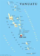 Vanuatu political map with capital Port Vila. Republic and island nation in South Pacific Ocean. New Hebrides with largest islands Espiritu Santo, Malakula and Efate. English labeling. Illustration.