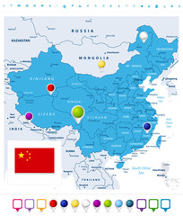 China map with map pointers isolated on white
