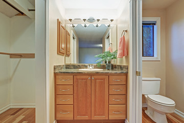Simple bathroom interior with vanity cabinet and granite counter top
