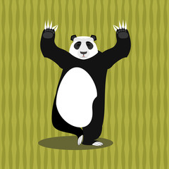 Panda meditating. Chinese bear on background of bamboo. Status o