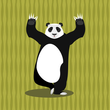 Panda meditating. Chinese bear on background of bamboo. Status o Stock  Vector
