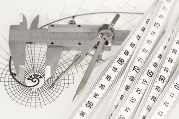 drawing of the golden section, folding ruler, calipers & compass