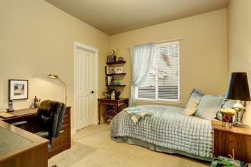 Luxury bedroom interior with green walls, carpet floor