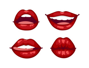 Obraz premium Female lips isolated on white sweet passion lust makeup mouth. Set woman lips romance cosmetic sensuality desire. Set of mouth smile woman red woman lips isolated shape romantic