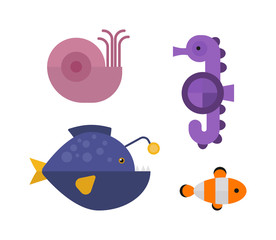 Vector set of cute sea animals creatures characters. Cartoon ocean underwater crab sea animals. Cute aquarium life water collection isolated turtle graphic aquatic tropical sea animals.