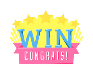 Win sign with colour confetti vector paper illustration. Success luck message contest promotion win text. Banner competition award lucky lottery word win text. Shop or web site reward gamble champion
