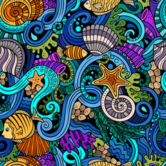 Cartoon doodles under water life seamless pattern