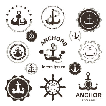 Set of vintage retro nautical badges and labels. Vector sign anchor ocean ship, graphic element nautical symbols. Vintage retro marine emblem, label nautical anchor symbols and marine design emblem.