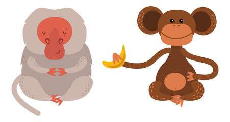 Cartoon monkey vector illustration. Monkey animal and jungle cartoon wild life. Monkey cute types cute primate isolated. Monkey zoo jumping chimpanzee mammal.