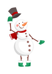 Vector cartoon cute white snowman in clothes with attributes of Christmas in hands on white background. Color cartoon snowman characters. Vector cartoon snowman