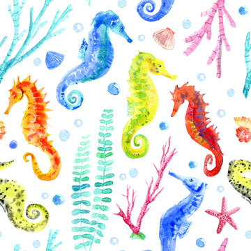 Seahorse, shell, starfish, seaweed, coral and bubbles seamless pattern.Underwater world image on a white background.Watercolor hand drawn illustration.