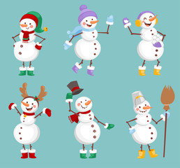 Vector cartoon cute white snowman in clothes with attributes of Christmas in hands on background. Color cartoon snowman characters. Vector cartoon snowman
