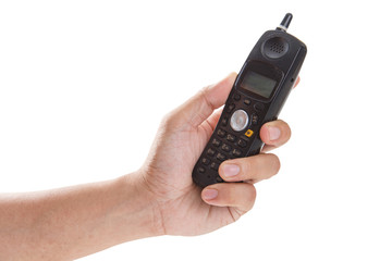 Telephone receiver in hand isolated on white background