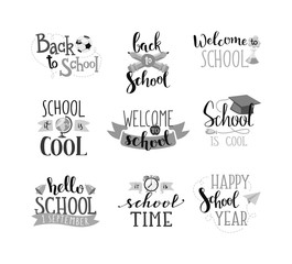 Back to school calligraphic text designs. Retro style back to school text elements vintage ornaments. Vector back to school text education learning typography decoration.