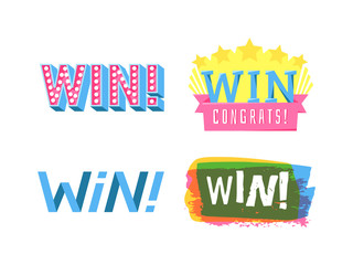 Win sign with colour confetti vector paper illustration. Success luck message contest promotion win text. Banner competition award lucky lottery word win text. Shop or web site reward gamble champion