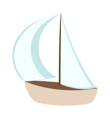 Vector cartoon ship white boat and travel sailboat toy ship. Toy sail boat fun model yacht andplay small toy ship. Transportation ocean cruise children toy. Travel ship