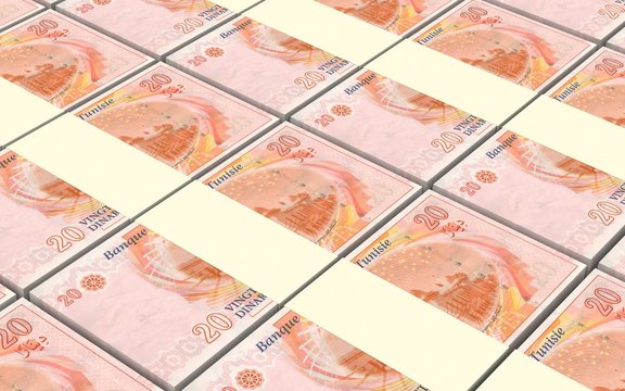 Tunisian dinars bills stacks background. 3D illustration.
