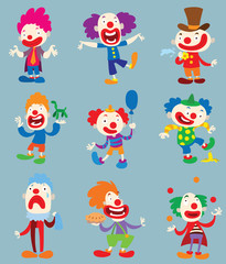 Set of clown character performing different fun activities vector cartoon illustrations. Clown character funny happy costume cartoon joker. Fun makeup and carnival smile hat nose clown character.