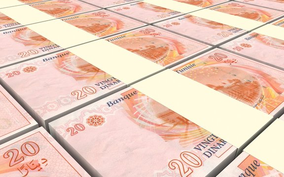 Tunisian dinars bills stacks background. 3D illustration.