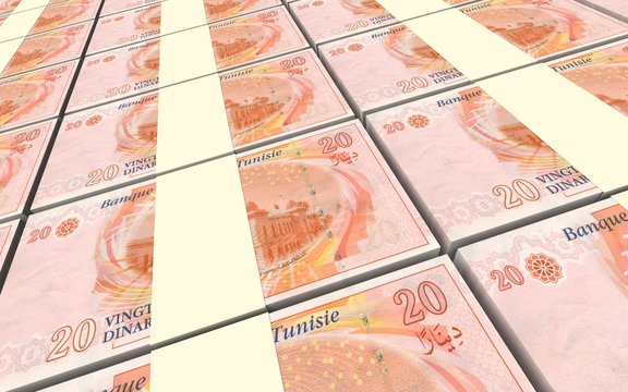 Tunisian dinars bills stacks background. 3D illustration.