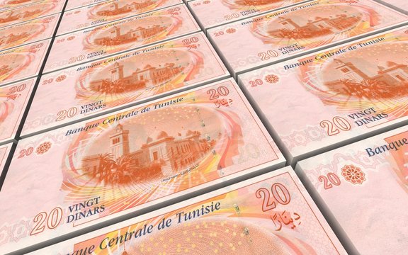 Tunisian dinars bills stacks background. 3D illustration.