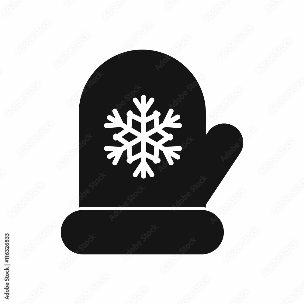 Poster mitten with white snowflake icon in simple style isolated vector illustration