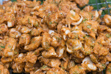 Curried squid cake or fried fish cake with squid (Tod Mun), Thai food style