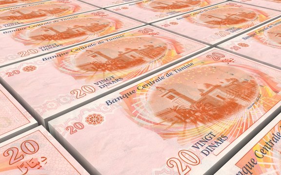 Tunisian dinars bills stacks background. 3D illustration.