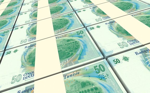 Tunisian dinars bills stacks background. 3D illustration.