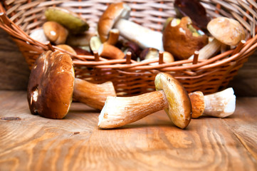 Fresh mushrooms in basket on wooden table
