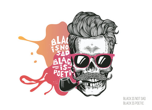 Skull. Hipster silhouette with mustache glasses and tobacco pipe on a colorful splash background. Vector illustration in modern engraving style. Perfect for t-shirt print, posters