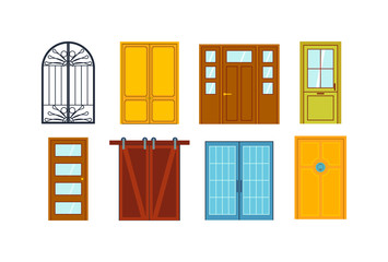 Set of color doors isolated on white. Colorful front doors to houses and buildings set in flat design style isolated. Vector illustration doors isolated modern new decoration open elegant room lock.
