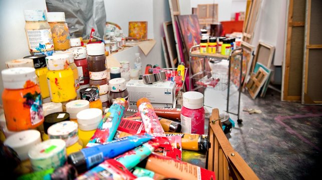 The set of paints and brushes, artist's studio