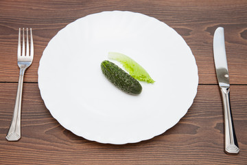 Fresh cucumber and a leaf of salad on white plate