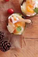 mix fruit salad topping on tofu milk.