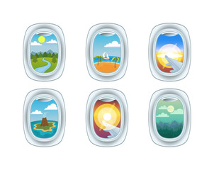 Airplane window nature outdoor landscape view. Airplane window view holiday vacation. Airline, travel, clouds sunset airplane window view. Nature travel travel airplane view