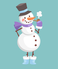 Vector cartoon cute white snowman in clothes with attributes of Christmas in hands on background. Color cartoon snowman characters. Vector cartoon snowman