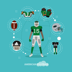 American football player with equipment. Sport concept vector illustration in flat style design