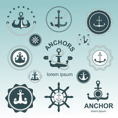 Set of vintage retro nautical badges and labels. Vector sign anchor ocean ship, graphic element nautical symbols. Vintage retro marine emblem, label nautical anchor symbols and marine design emblem.